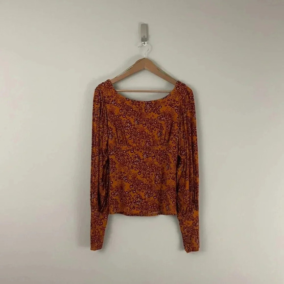 Free People Rust Orange Floral Balloon Sleeve Knit Top Size Small - Picture 1 of 7